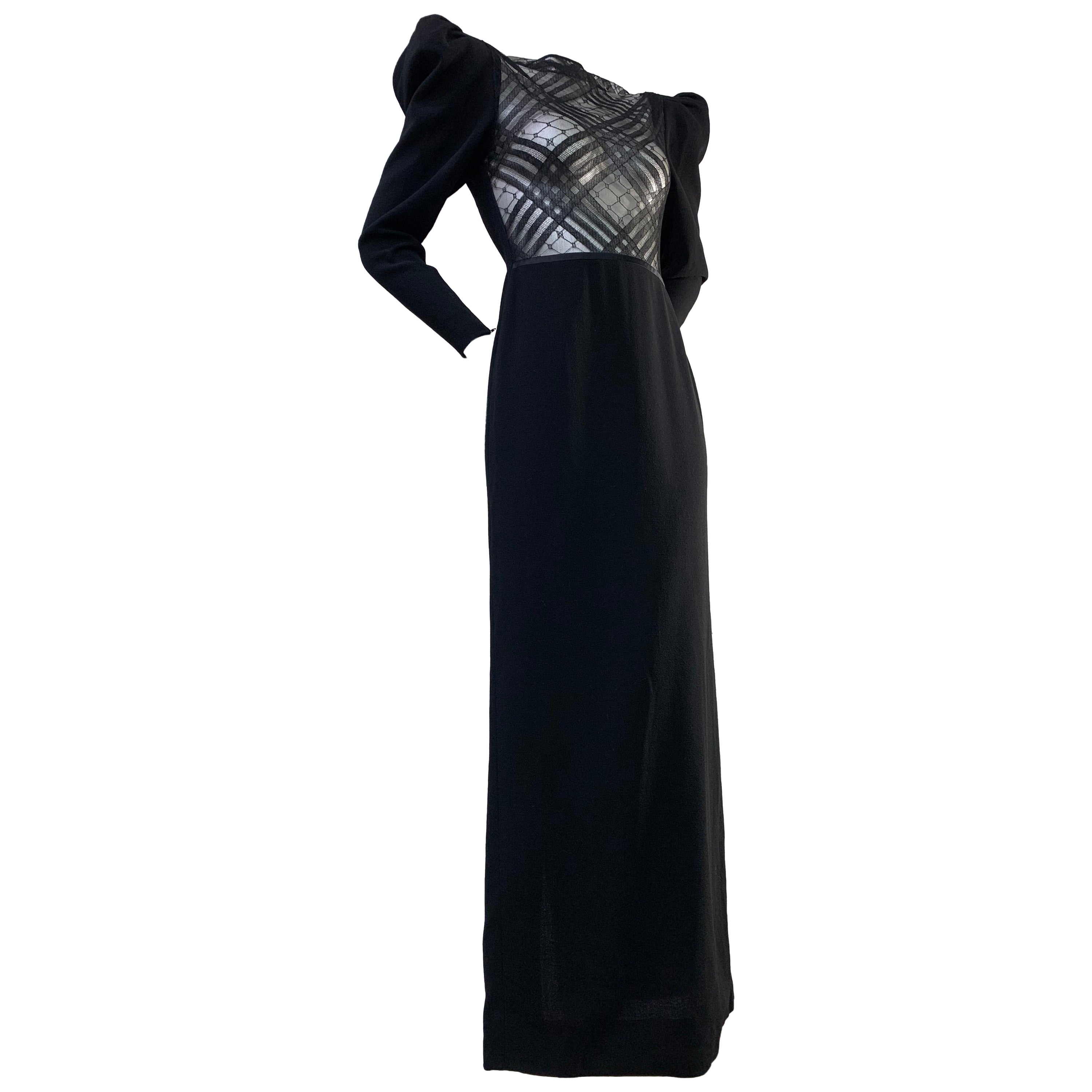 1970s James Galanos Daring-As-You-Want-To-Be Black Wool Crepe Sheer Gown