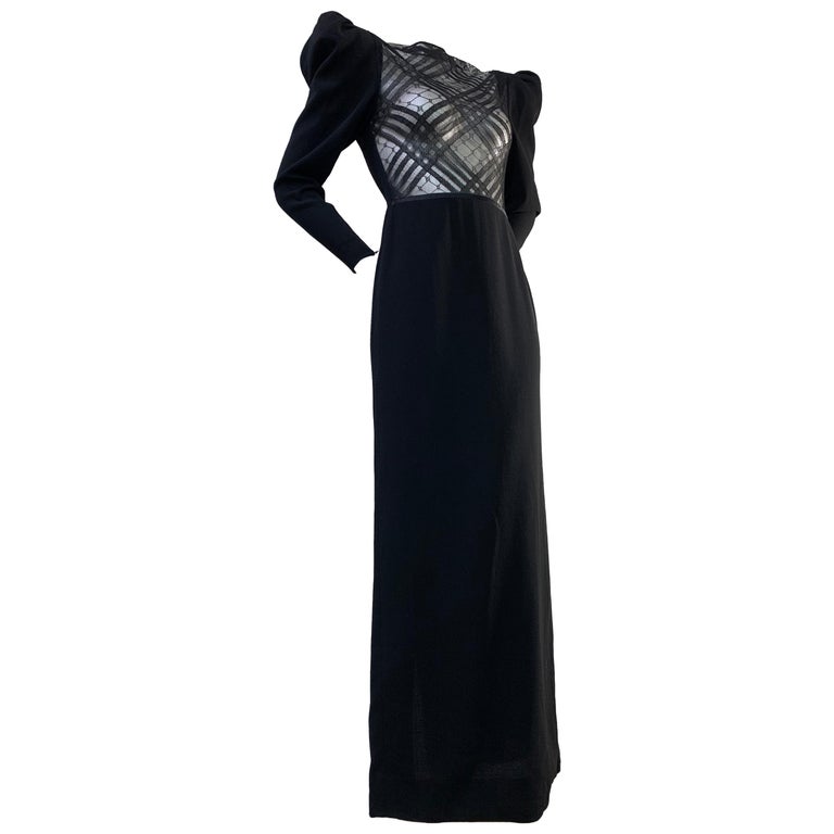 1970s James Galanos Daring-As-You-Want-To-Be Black Wool Crepe Sheer Gown For Sale