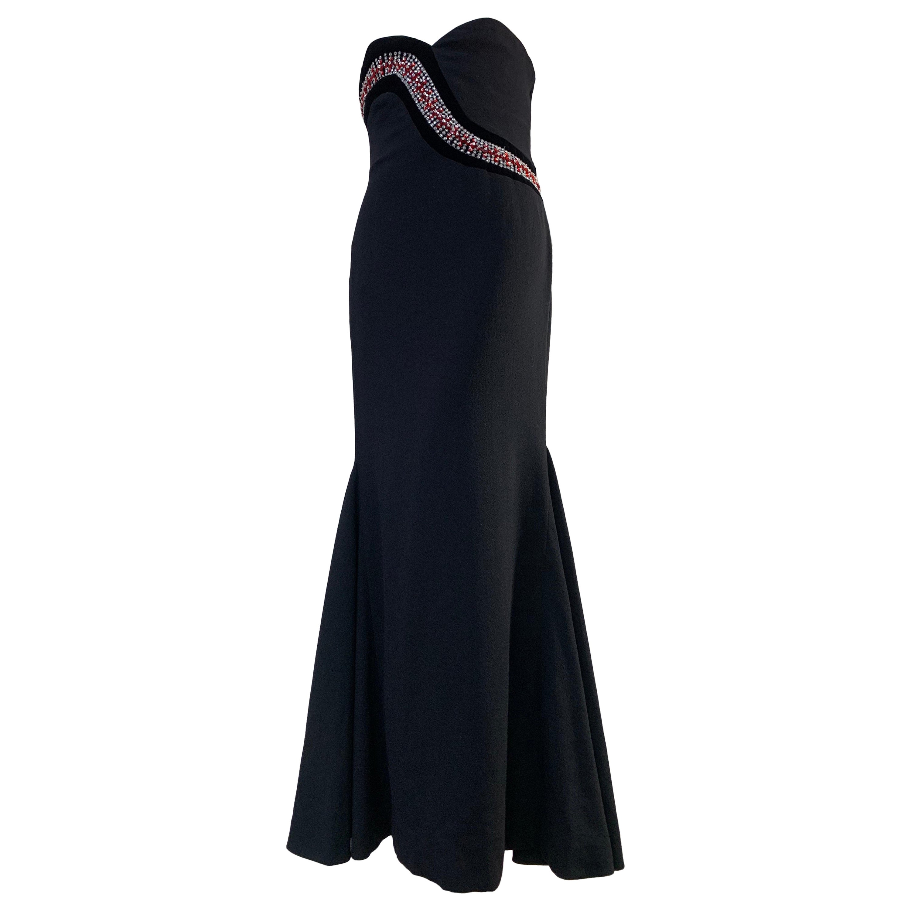 1980s James Galanos Strapless Fishtail Black Wool Crepe Gown w/ Sinuous Crystals For Sale