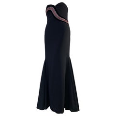 1980s James Galanos Strapless Fishtail Black Wool Crepe Gown w/ Sinuous Crystals