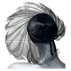1950s Flo-Raye Black Egret Feather Cartwheel Hat w/ Velvet Structured Crown 