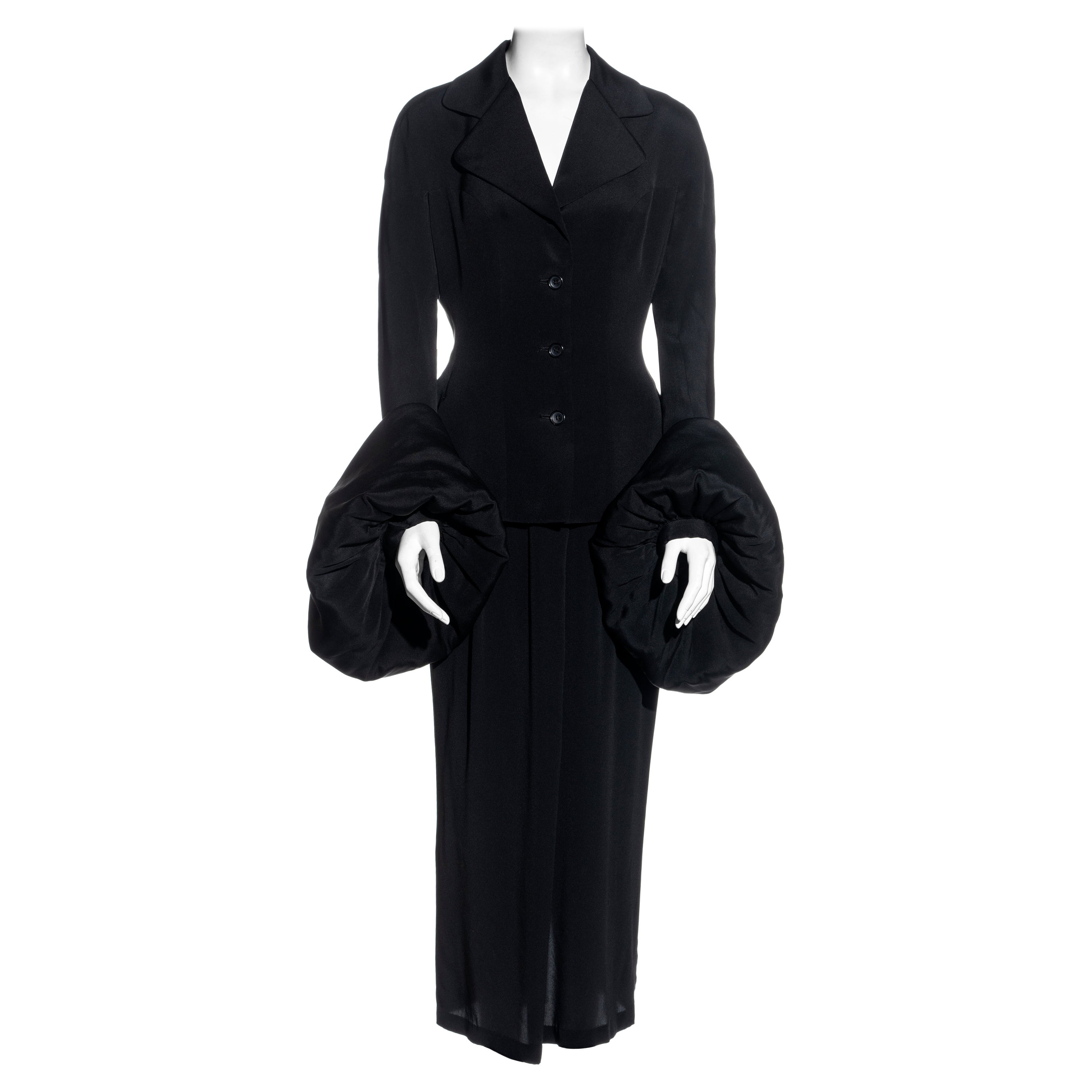 Yohji Yamamoto black silk skirt suit with voluminous padded cuffs, fw 2003   For Sale