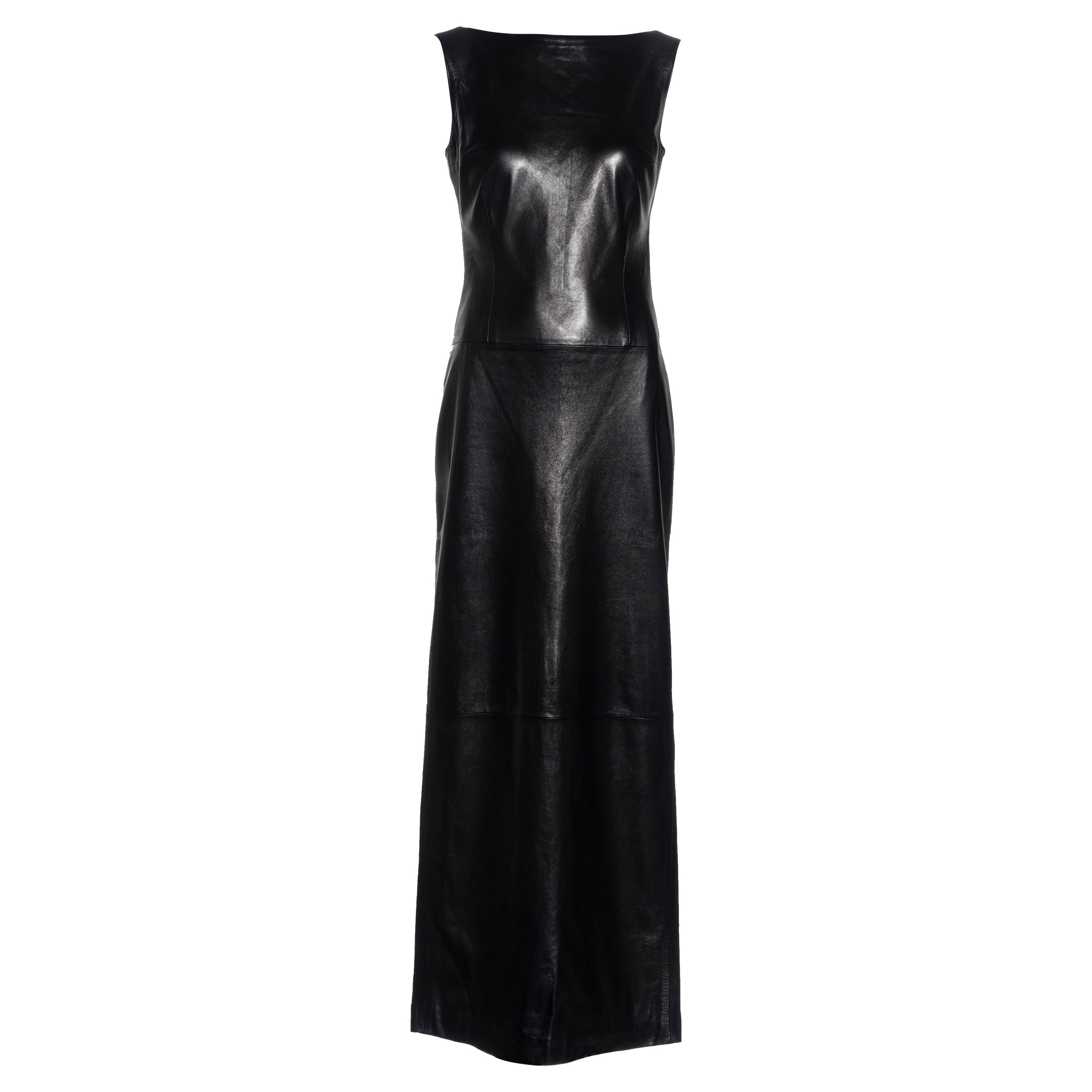 Mario Valentino black lambskin leather open back full-length dress, fw 1999