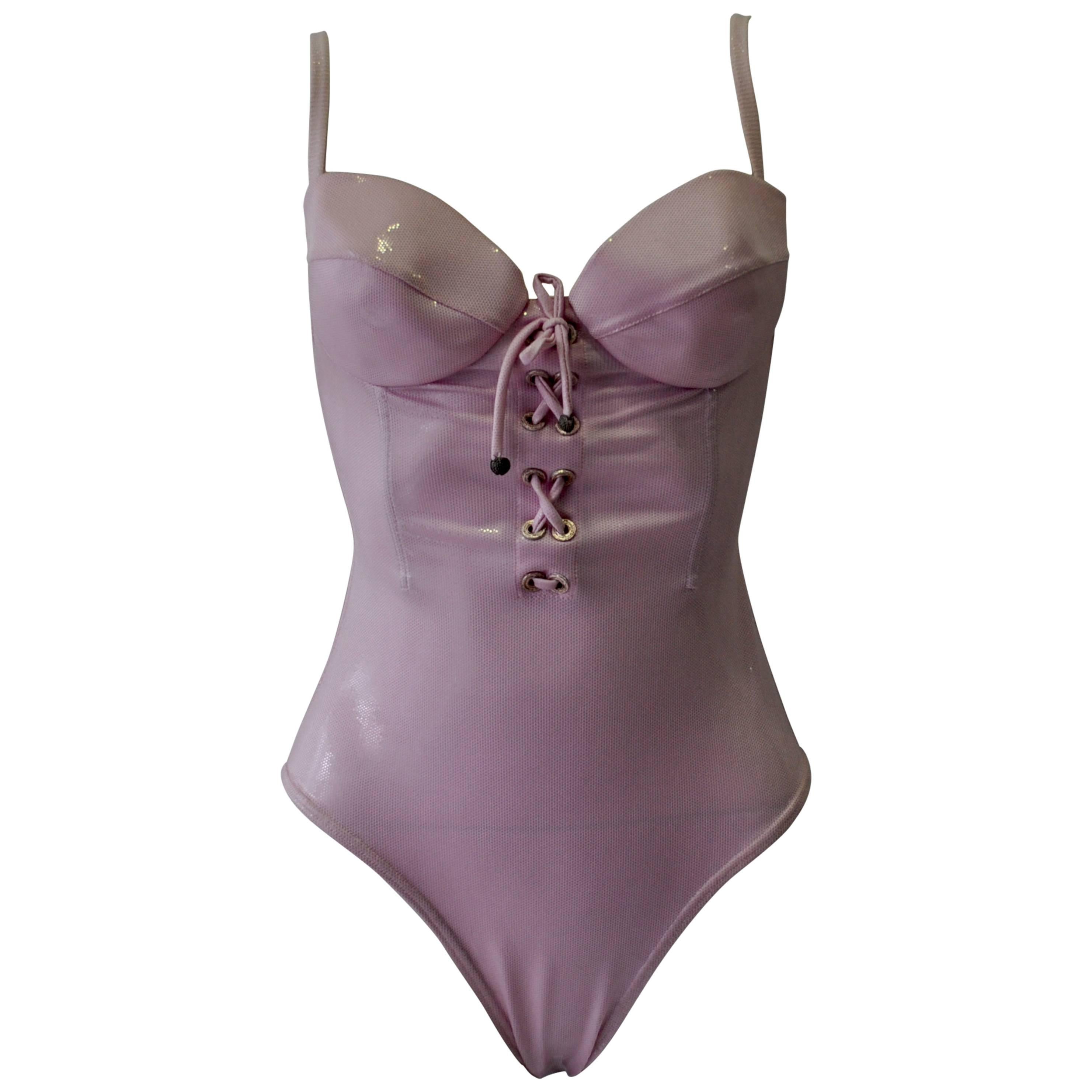 Unique Gianni Versace Istante Pink Shimmery Lace-Up Bustier Swimsuit