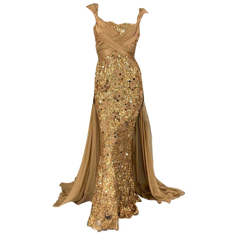ZUHAIR MURAD Beige Gold Sequin Gown Dress Size EU 40 at 1stDibs