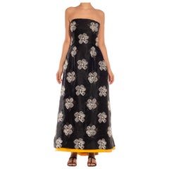 1980S ARNOLD SCASSI Black Strapless Silk Gown With White Floral Embroidery & Cry