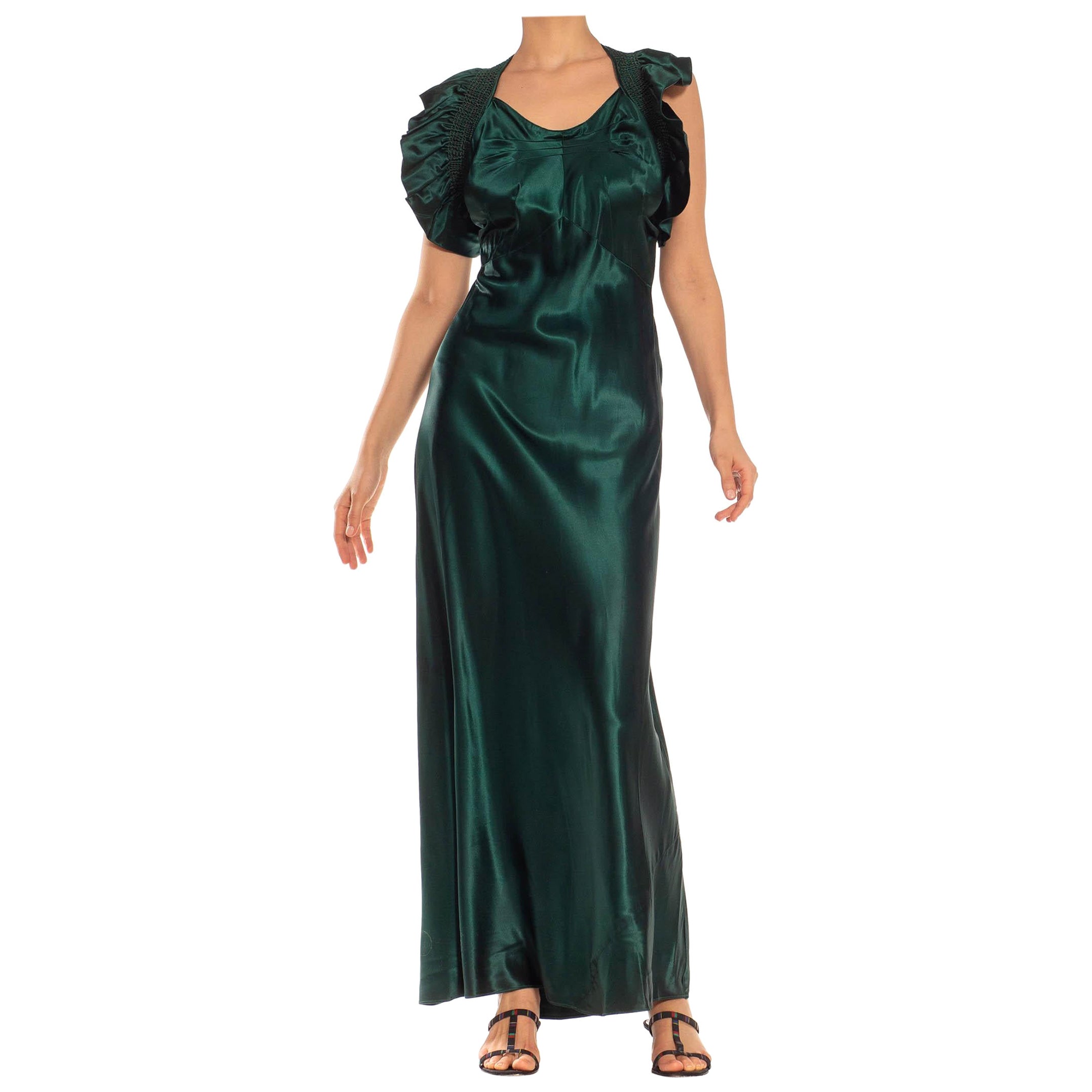 1930S Emerald Green Bias Cut Acetate Duchess Satin Open Back Ruffled Gown