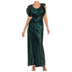 Vintage 1930S Emerald Green Bias Cut Acetate Duchess Satin Open Back Ruffled Gown