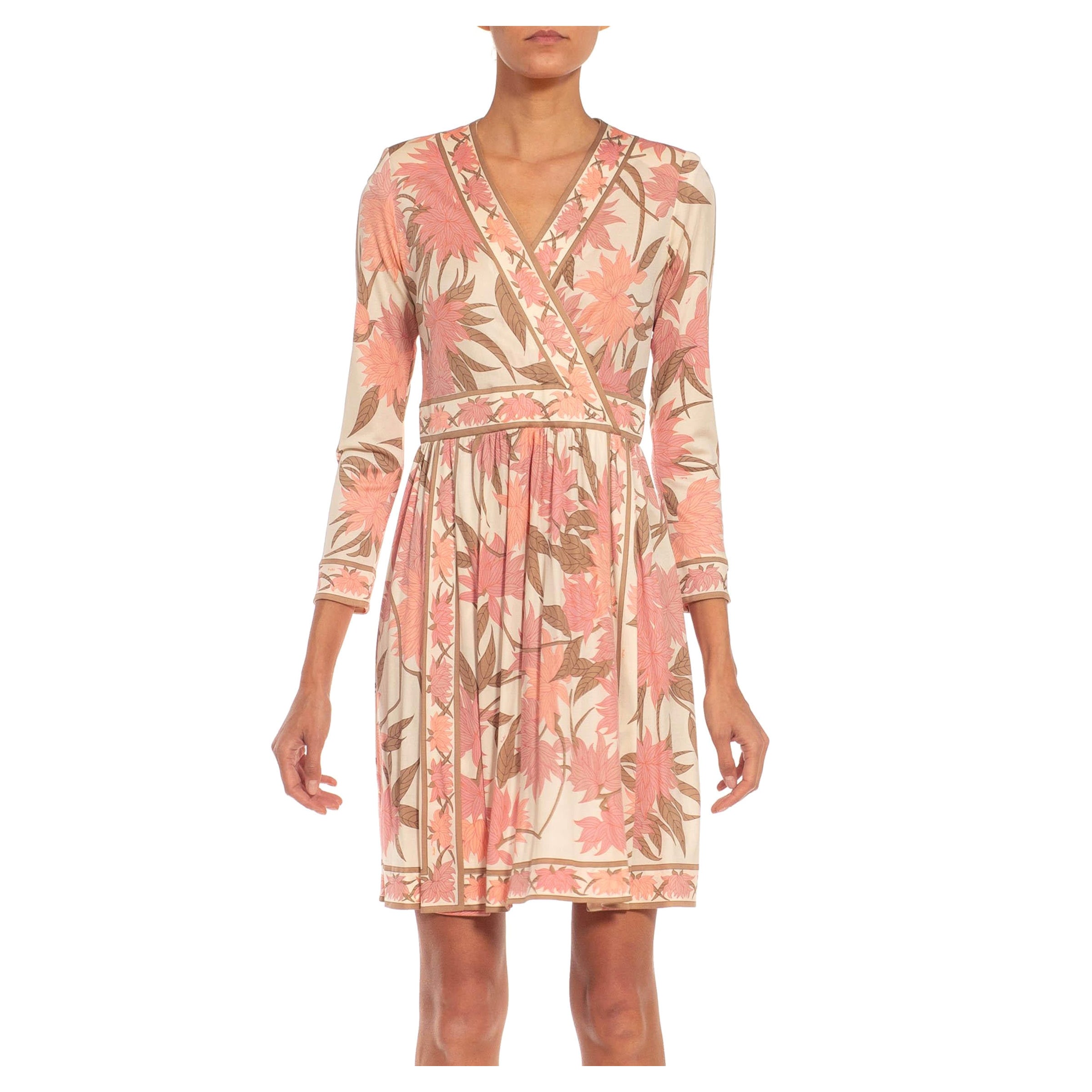 1970S EMILIO PUCCI Cream, Brown & Pink Floral Silk Rayon Blend Signed Dress For Sale