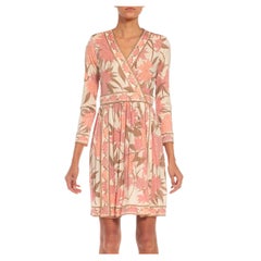 1970S EMILIO PUCCI Cream, Brown & Pink Floral Silk Rayon Blend Signed Dress