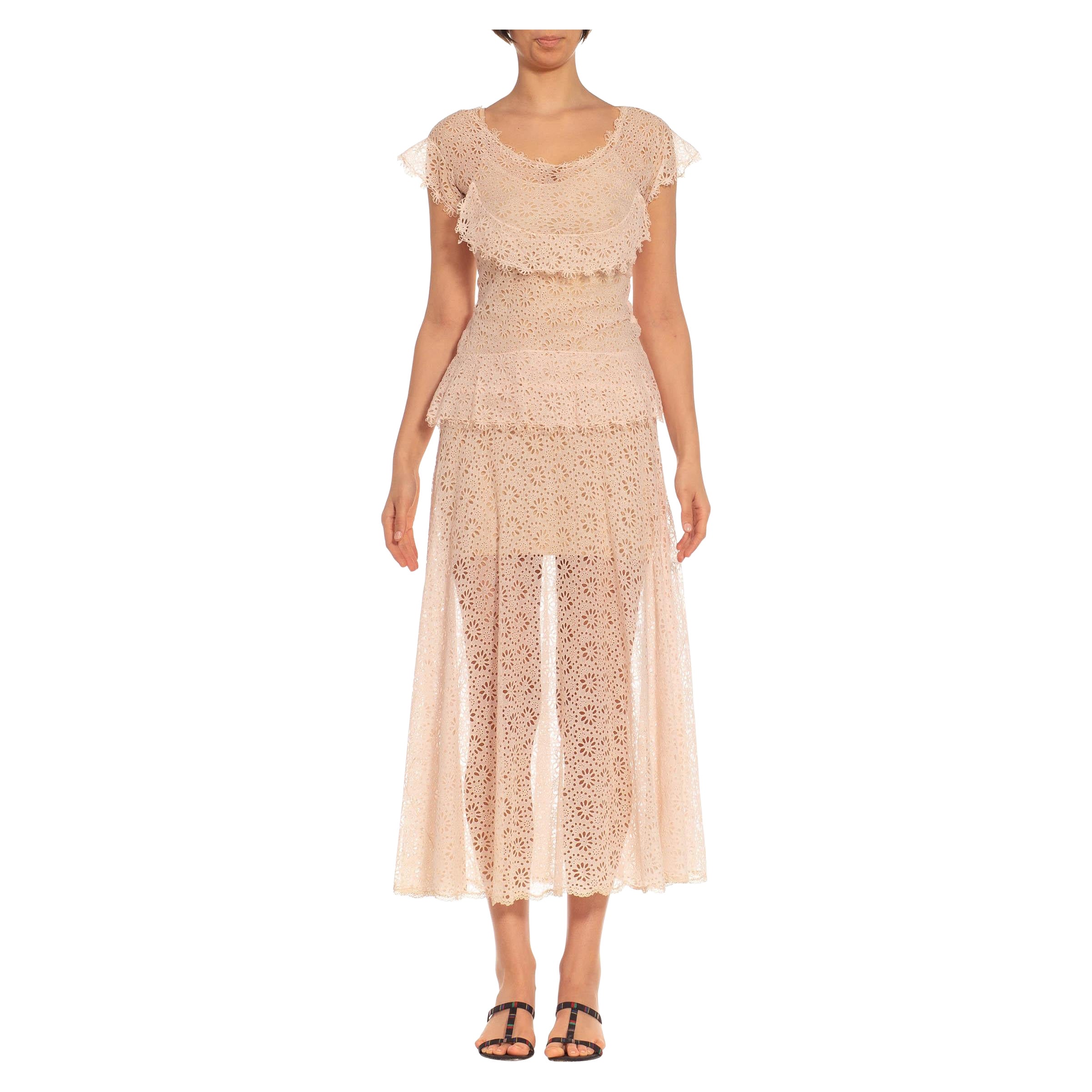 1940S Light Pink Cotton Eyelet Lace Dress For Sale