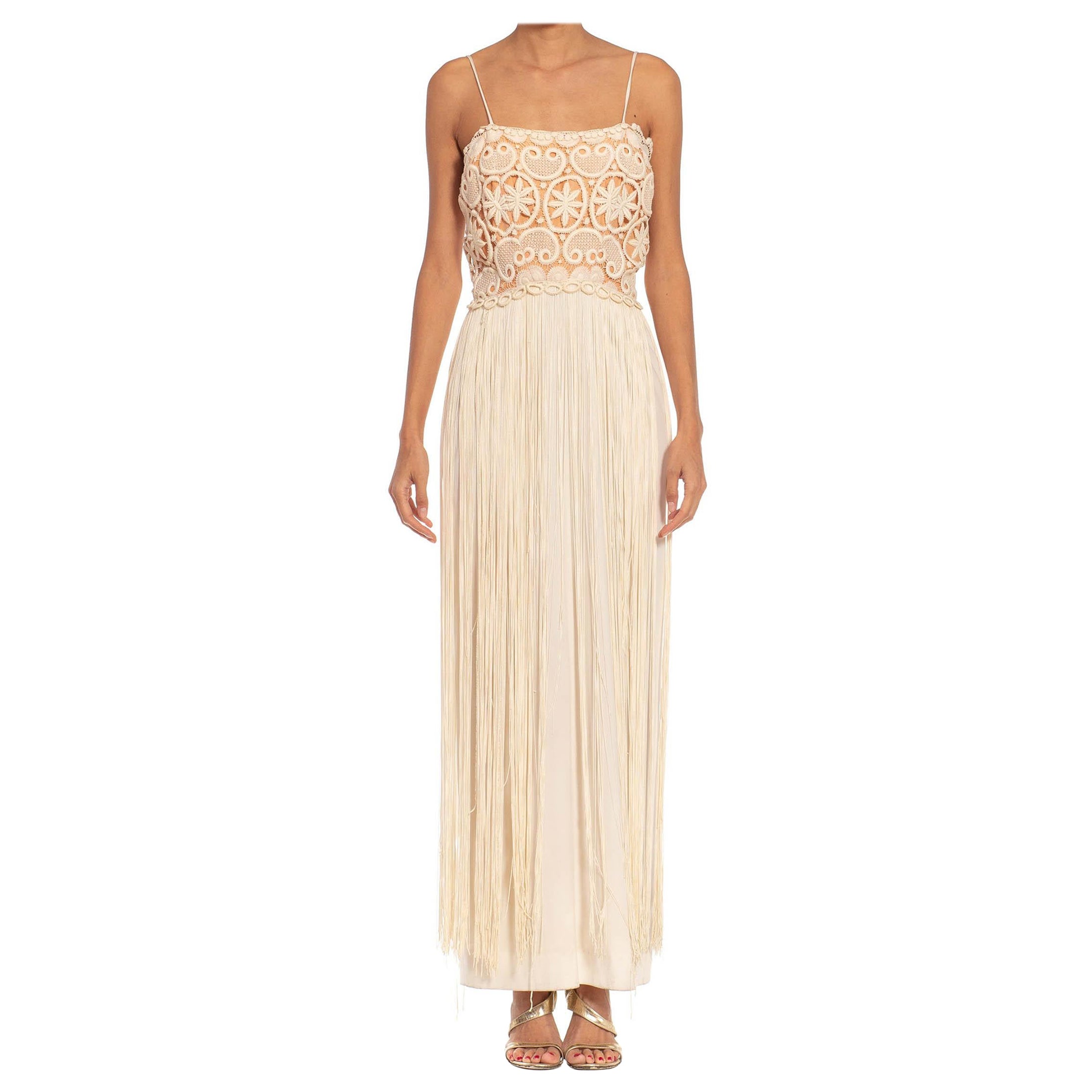 1970S Cream & Tan Lace Fringe Gown For Sale