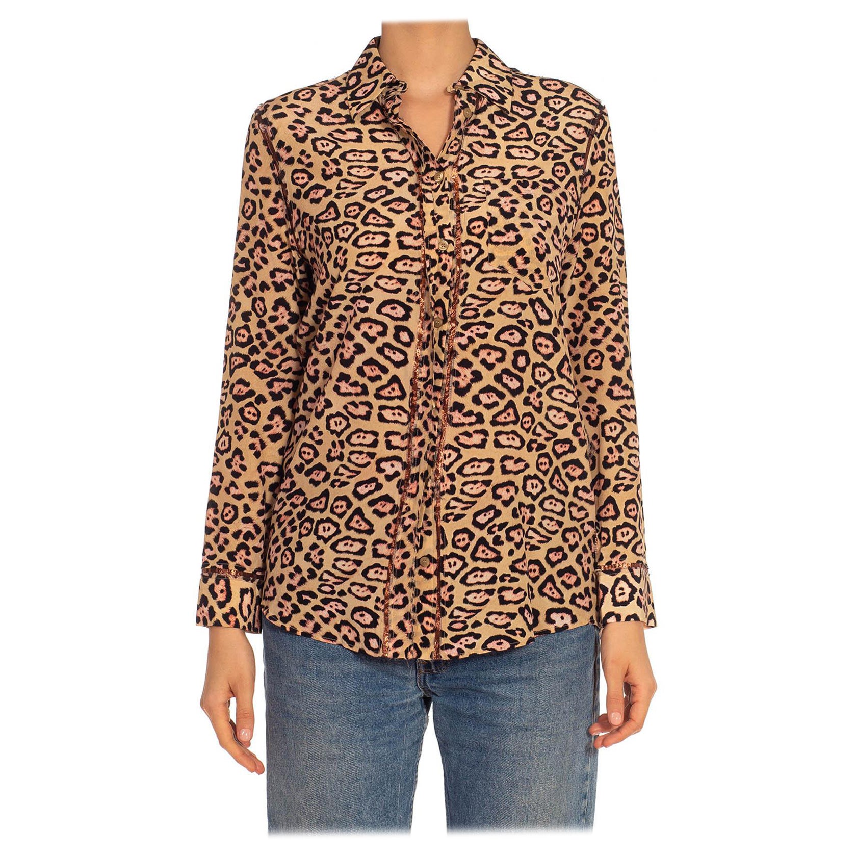 2010S GIVENCHY Leopard Print Tan & Brown Silk With Metallic Trimmings Shirt For Sale
