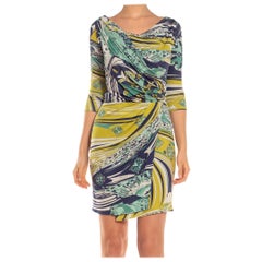 2000S EMILIO PUCCI Navy Blue, White & Lemon Green Silk Dress