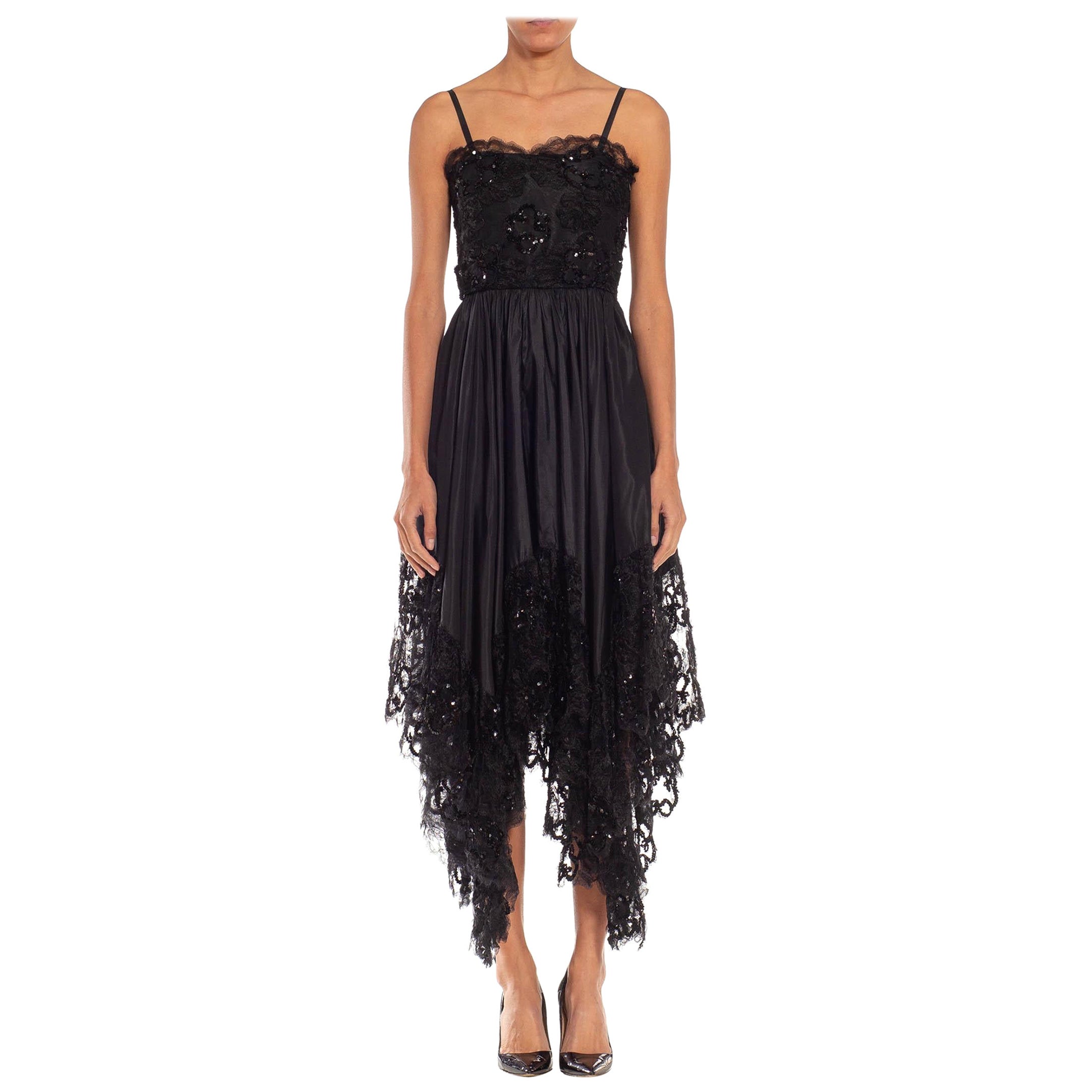 1970S YVES SAINT LAURENT Black Sequined Chiffon & Lace Dress For Sale