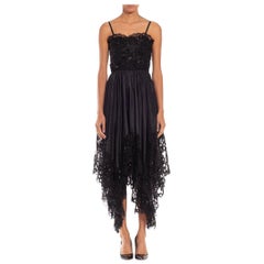 1970S YVES SAINT LAURENT Black Sequined Chiffon & Lace Dress