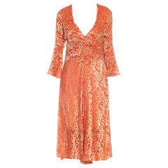 1930S Orange & White Burnout Velvet Dress