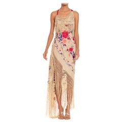 MORPHEW ATELIER Beige Bias Cut Fringed Dress Made From 1920S Hand-Embroidered S