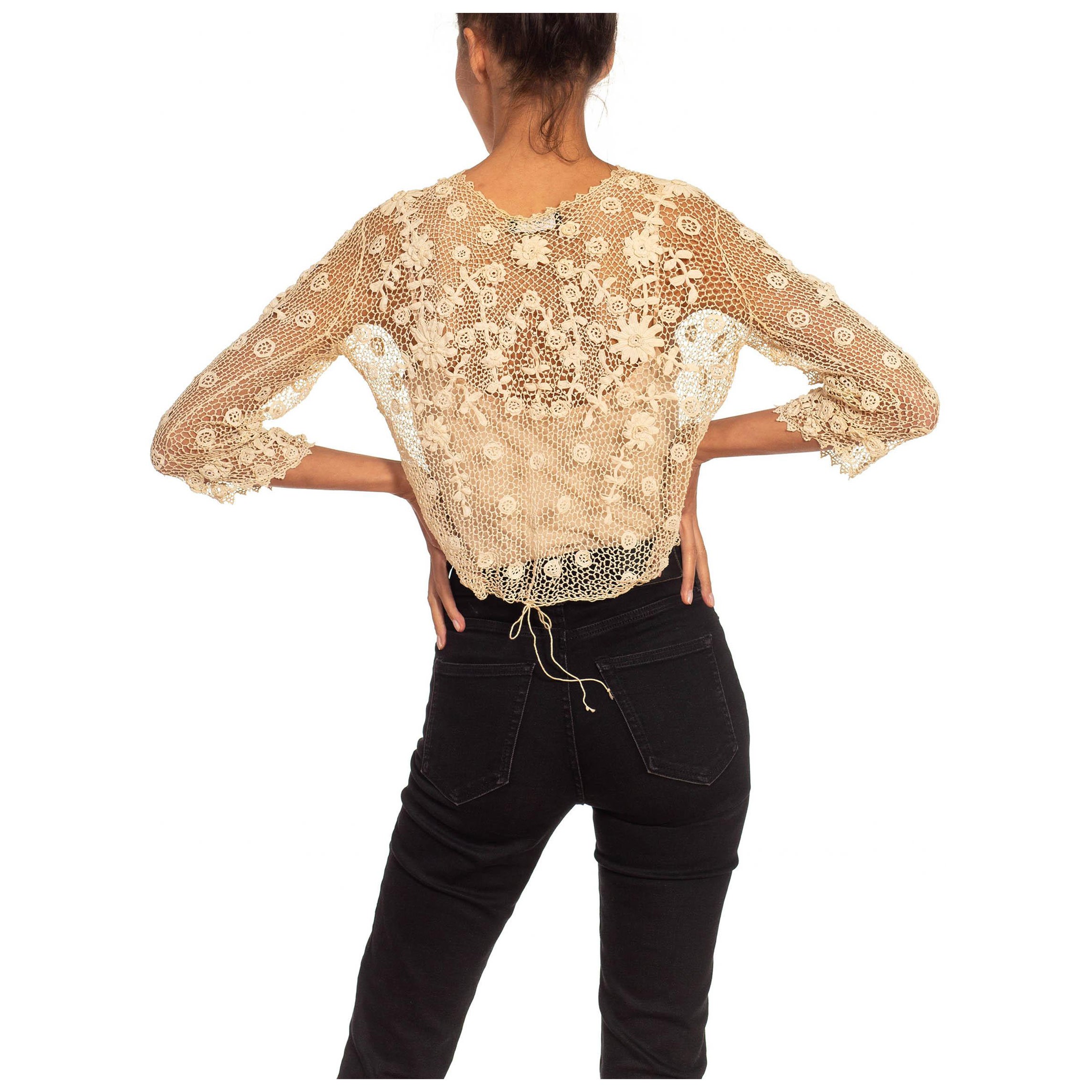 Victorian Cream Cotton Hand Crochet Top With Long Sleeves For Sale