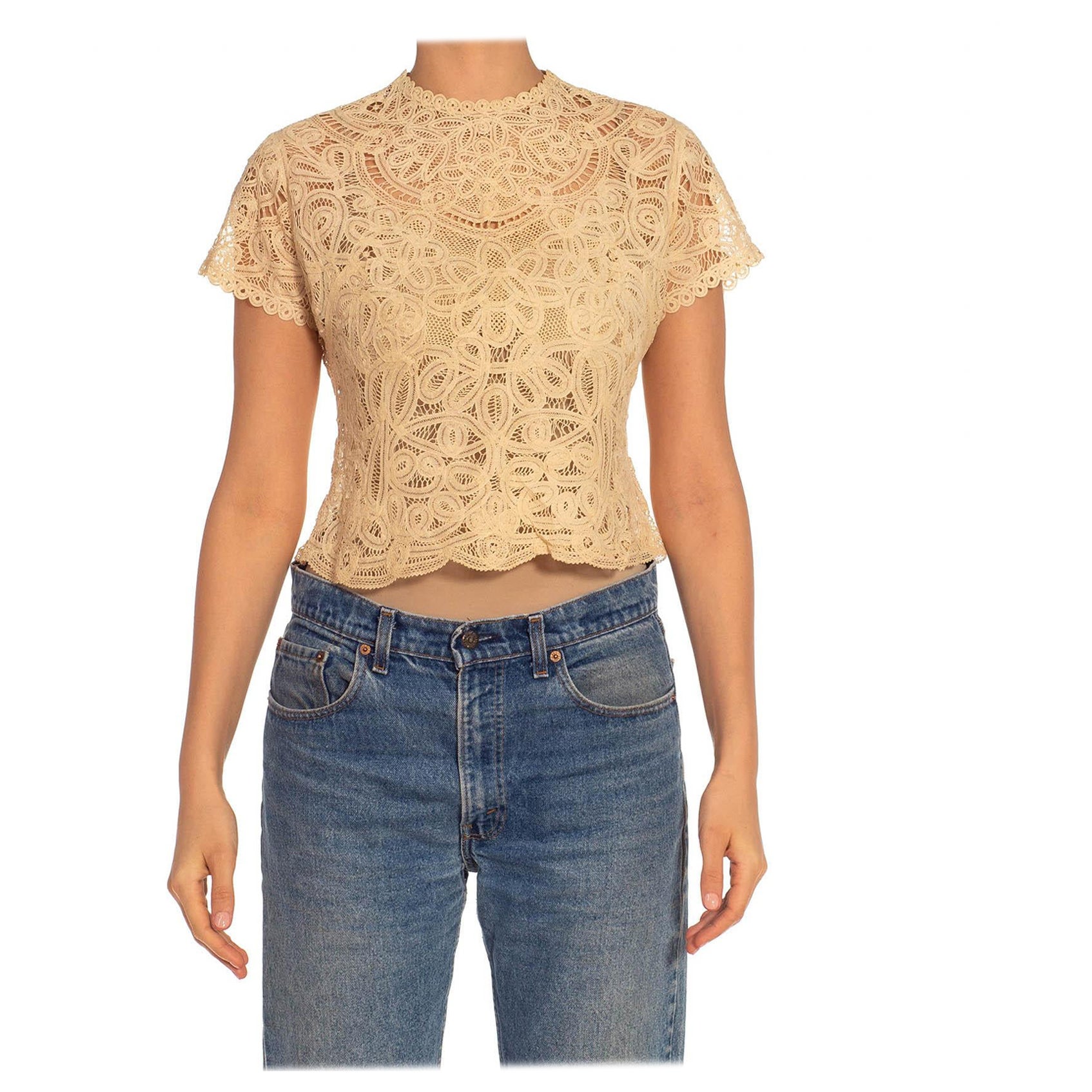 Victorian Cream Battenberg Lace Top For Sale