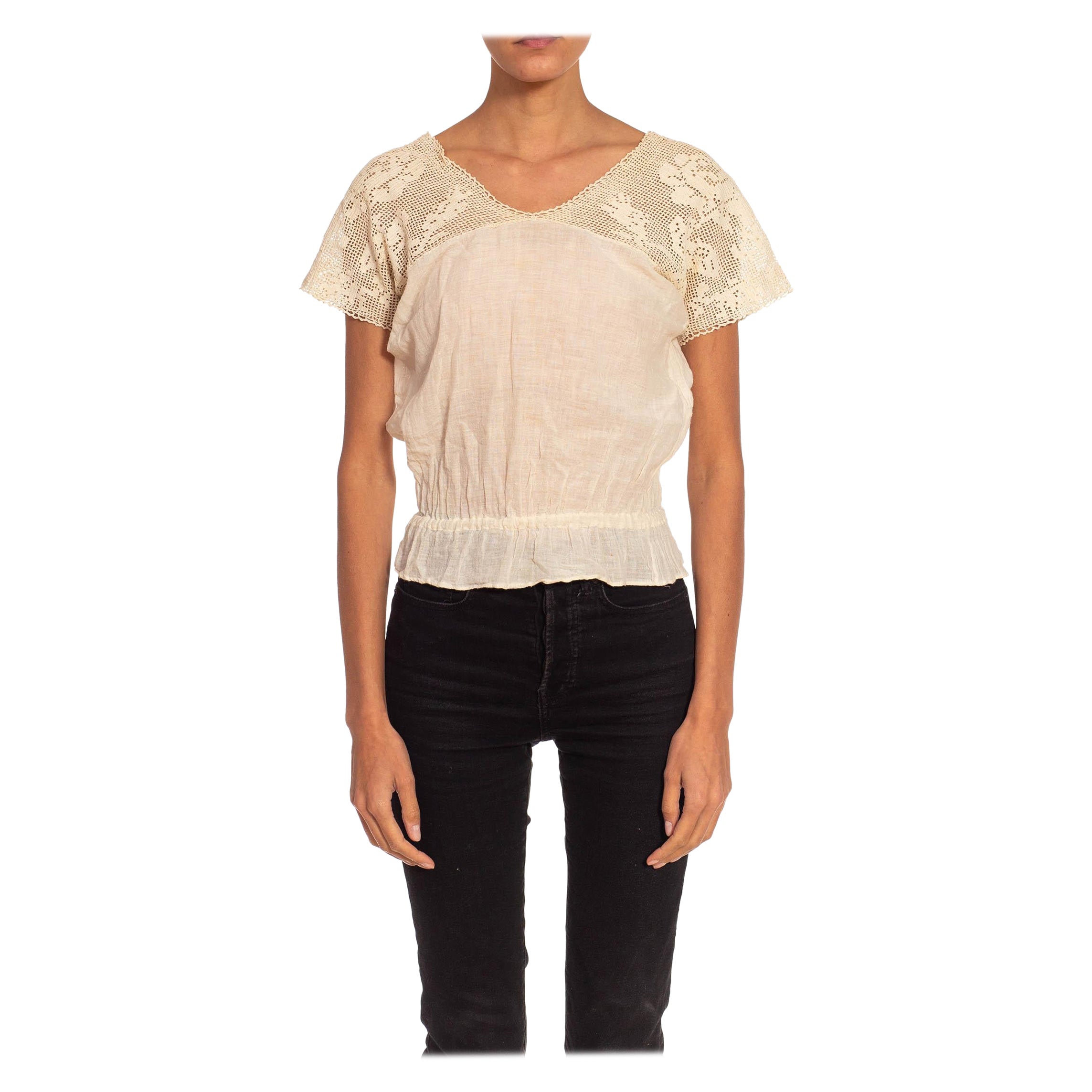 Victorian Off White Cotton Lace Top With Elastic Waist For Sale