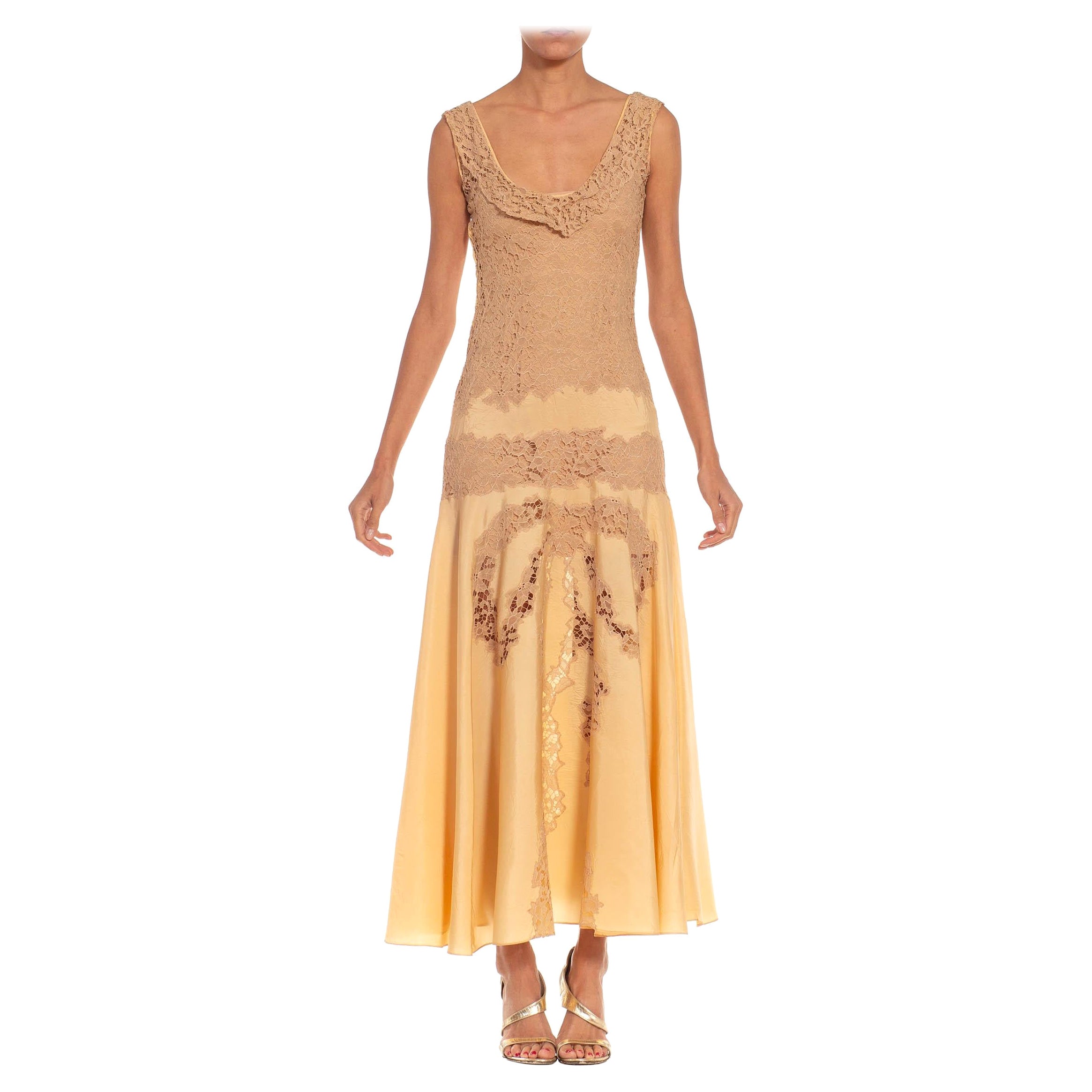 1930S Beige & Yellow Gold Chiffon Lace Slip Dress For Sale