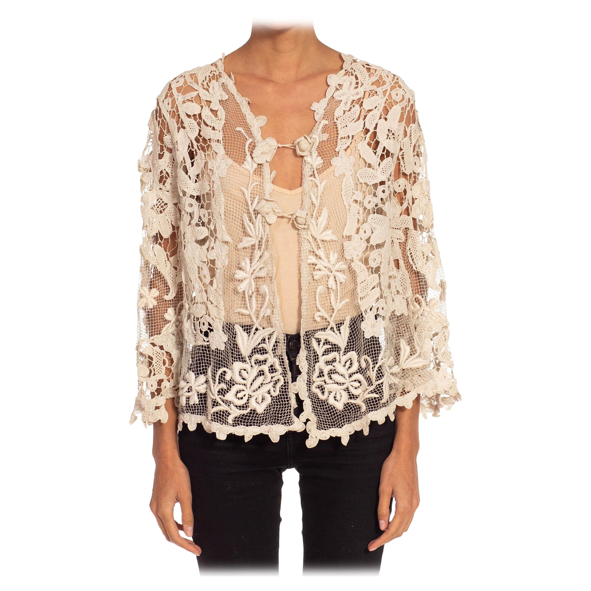 Victorian Off White Needle Lace Long Sleeve Jacket With Flower Hooks For Sale