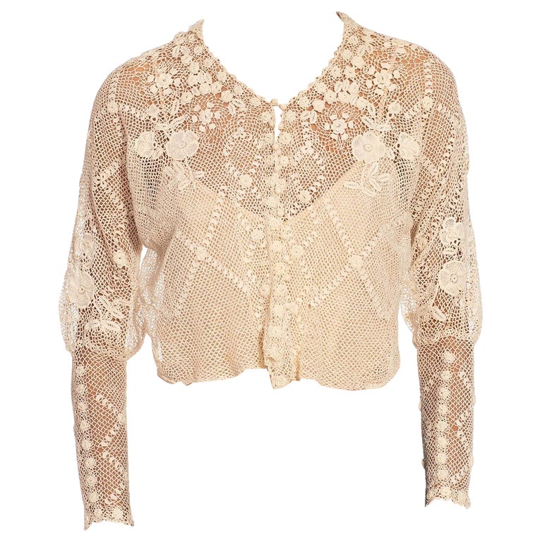 Victorian Off White Handmade Lace Button Up Jacket For Sale at 1stDibs