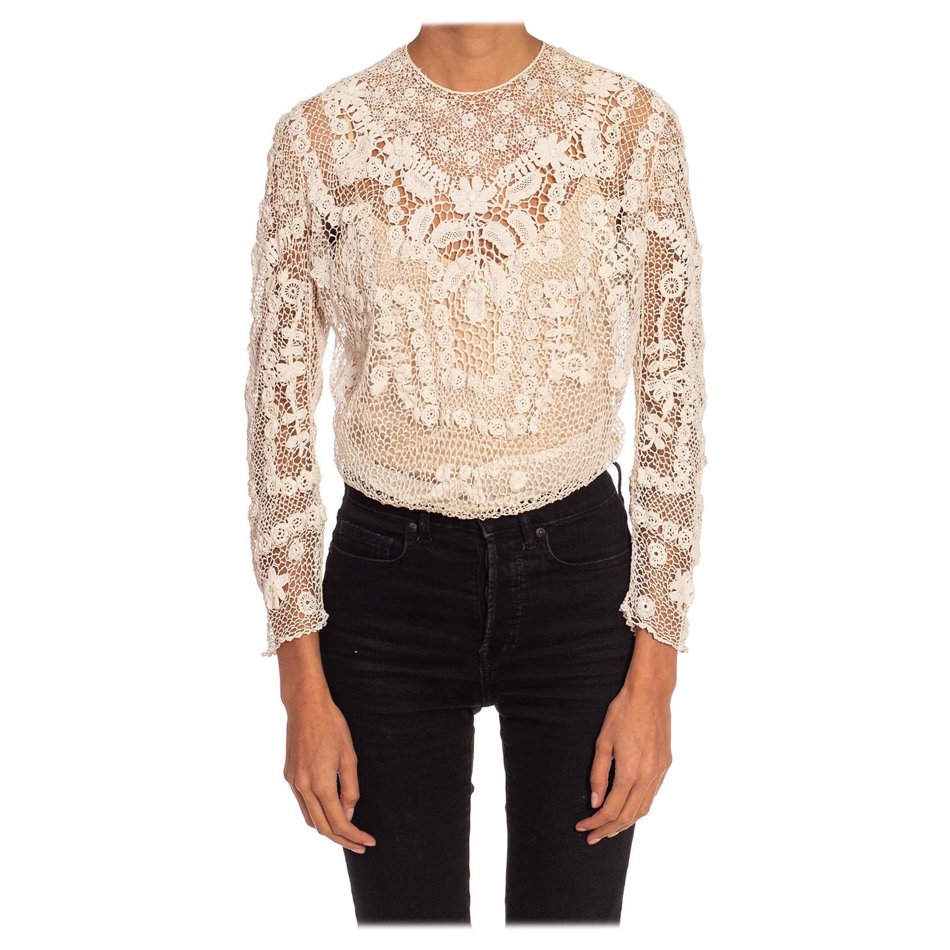 Victorian White Floral Top With Long Sleeves
