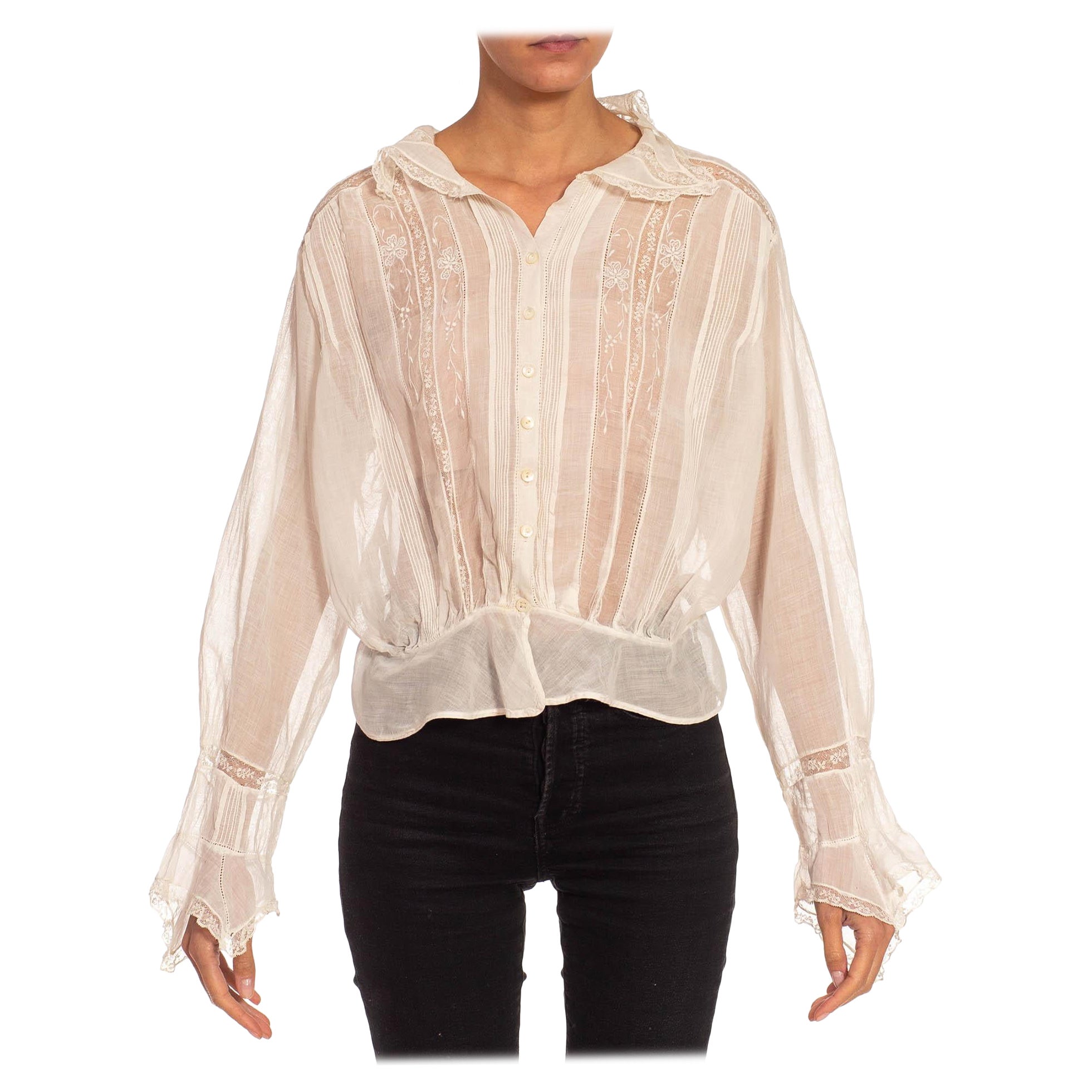 Victorian White Embroidered Cotton Button Up Shirt With Long Sleeves For Sale