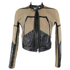 RICK OWENS 42 Taupe & Black Distressed Suede & Leather Motorcycle Jacket