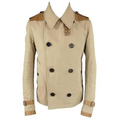 Used BELSTAFF 38 Khaki Beige Linen Blend & Tan Leather Double Breasted Jacket