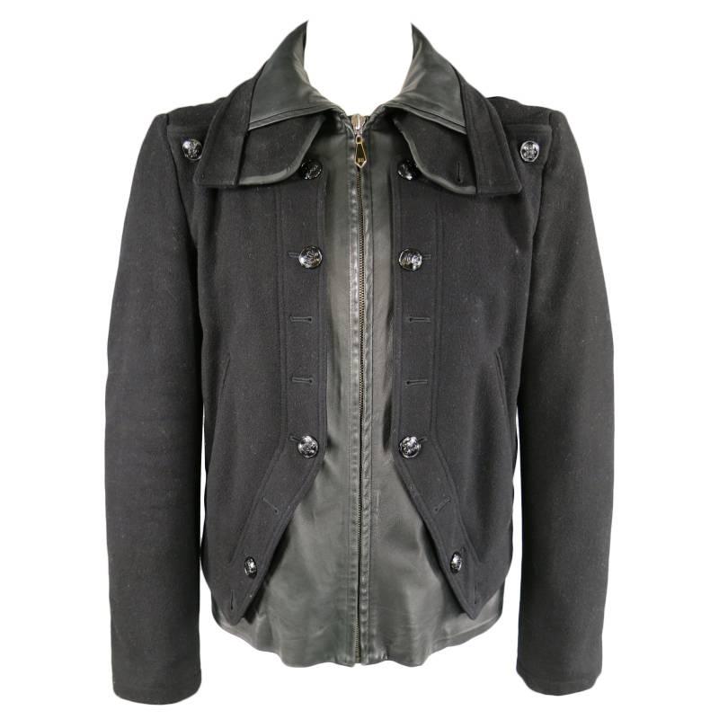 VERSACE 42 Black Wool & Leather Button Collar Zip Jacket