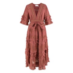 Zimmermann Vintage Rose Pin-Tucked Cotton Tiered Dress - US 8