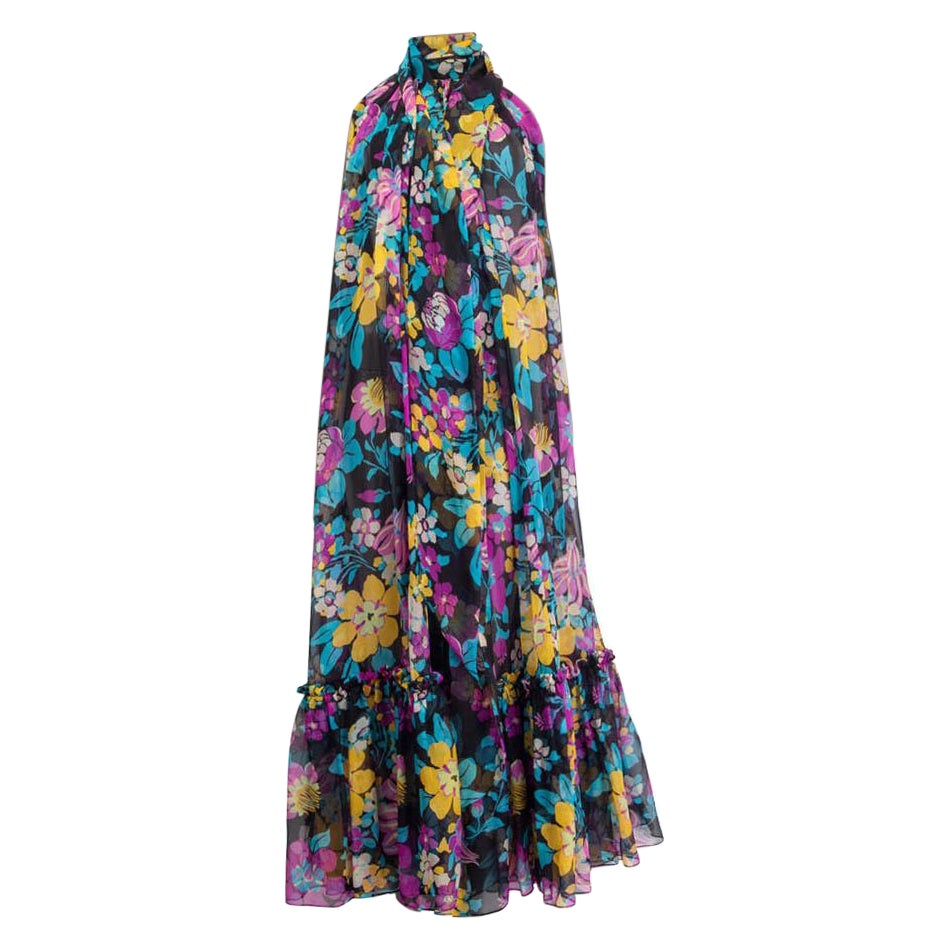 SAINT LAURENT - Robe noire en mousseline de soie et mousseline de soie 2021 - TIE NECK FLORAL MAXI - 34 XXS en vente