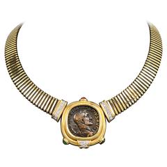 Bulgari Monete Ruby Emerald Diamond Gold Coin Tubogas Necklace