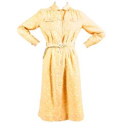 Vintage Courreges Yellow Abstract Print Long Sleeve Buttoned Shirt Dress