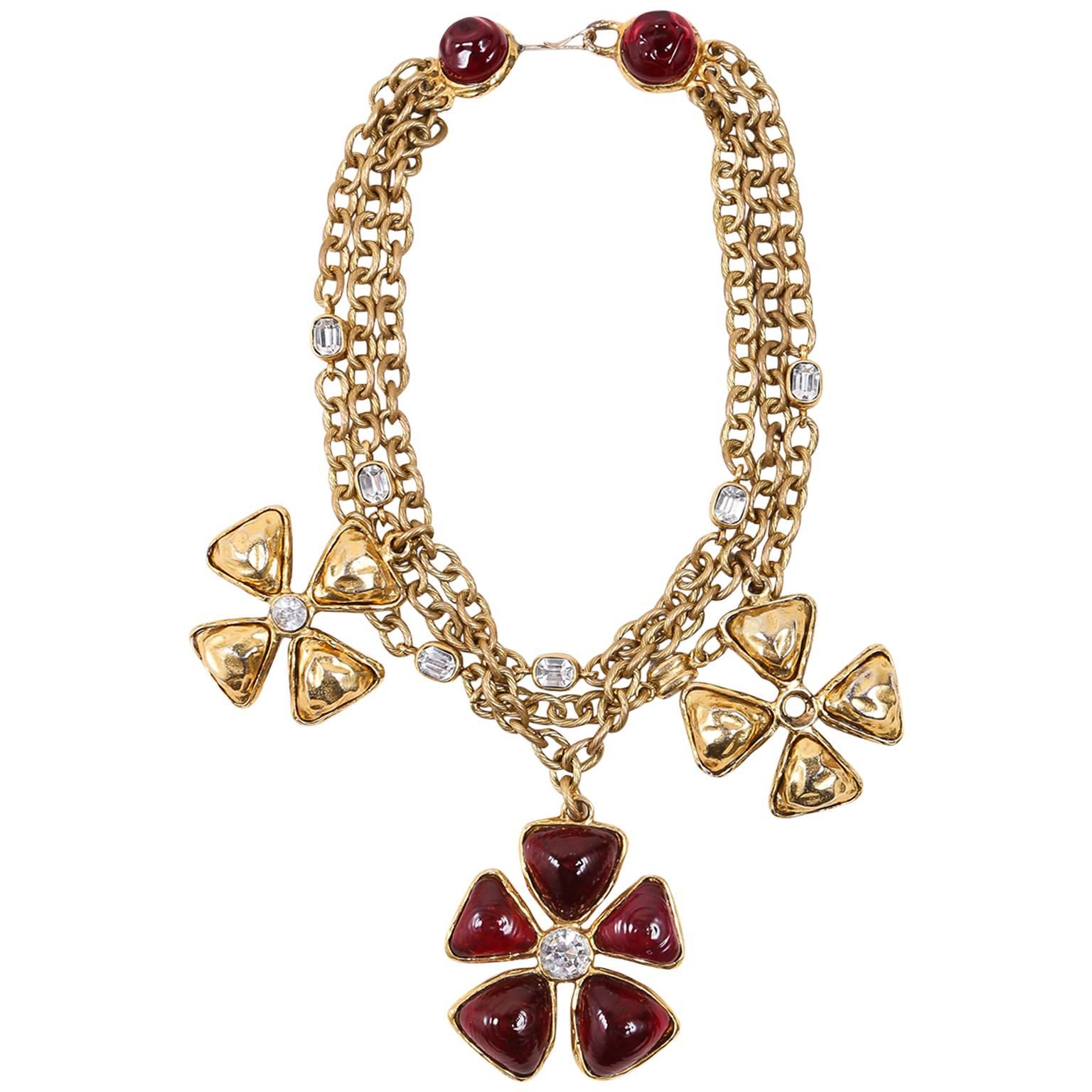 Chanel Gold Tone Red Multi Strand Chain Stone Embellished Flower Necklac For Sale