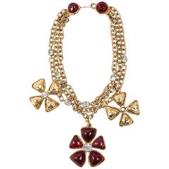 Chanel Gold Tone Red Multi Strand Chain Stone Embellished Flower Necklac