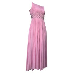 1960 Jean-Louis Peony Pink Silk Sleeveless Goddess Gown w/ Lucite Mesh Waist