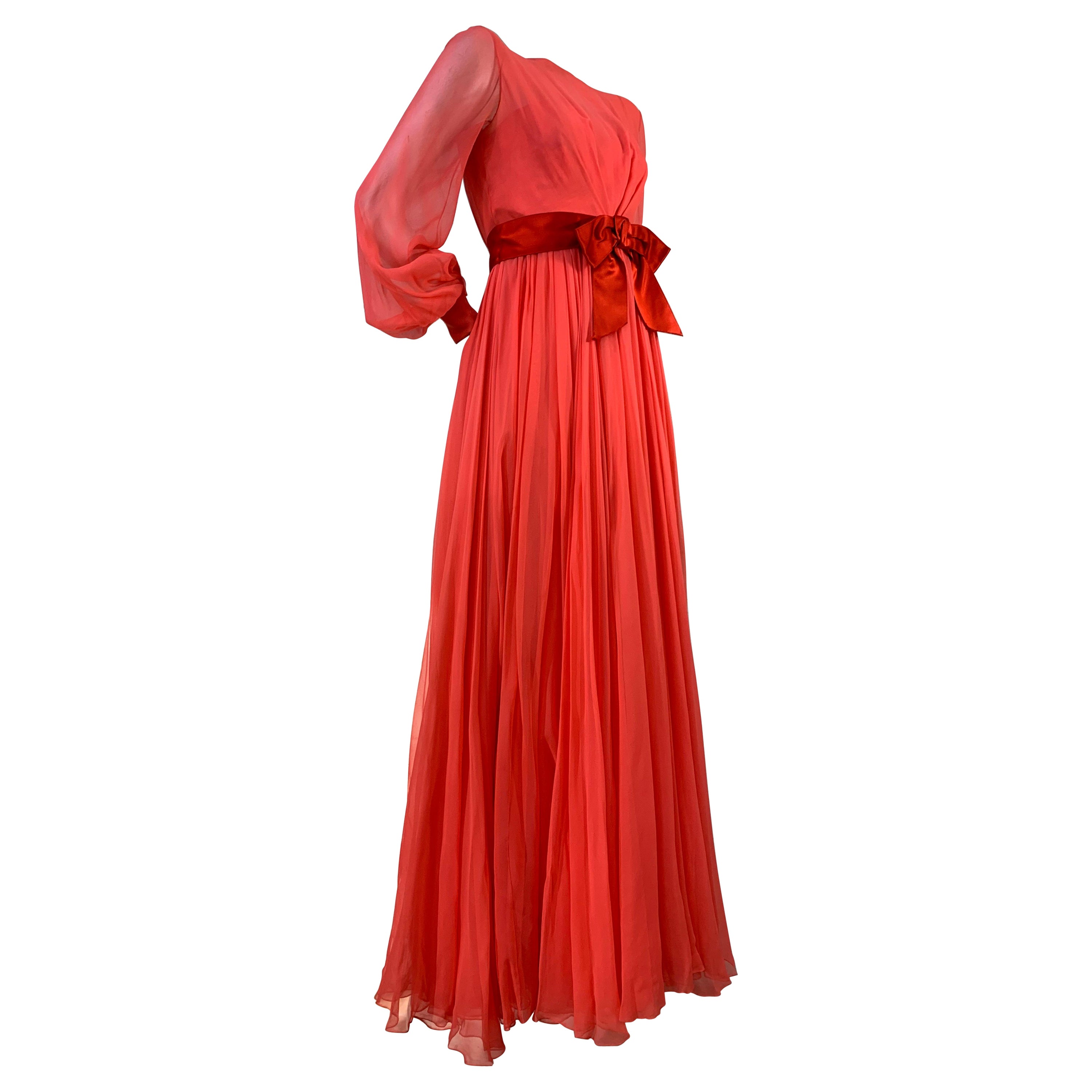 1969 Sarmi Deep Coral Silk Chiffon Gown w/ Balloon Sleeves & Wide Satin Sash