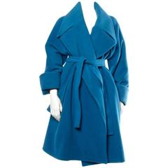 1990s Karl Lagerfeld Vintage Teal Blue Soft Angora Wool + Alpaca Trench Coat