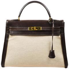 Vintage 1968 Hermes Brown Beige Box Leather Textured Toile "Kelly 32CM" Bag