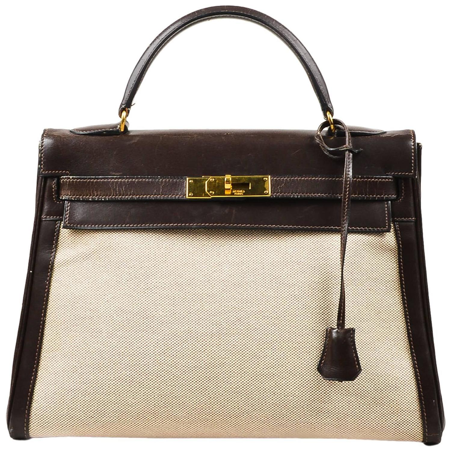 Vintage Hermes 1960s Brown Beige Toile Canvas and Leather \u0026quot;Kelly ...