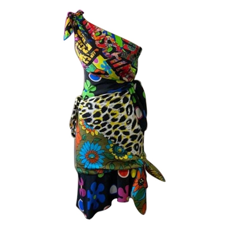 Moschino Couture - Robe asymétrique à fleurs en soie graffiti en vente