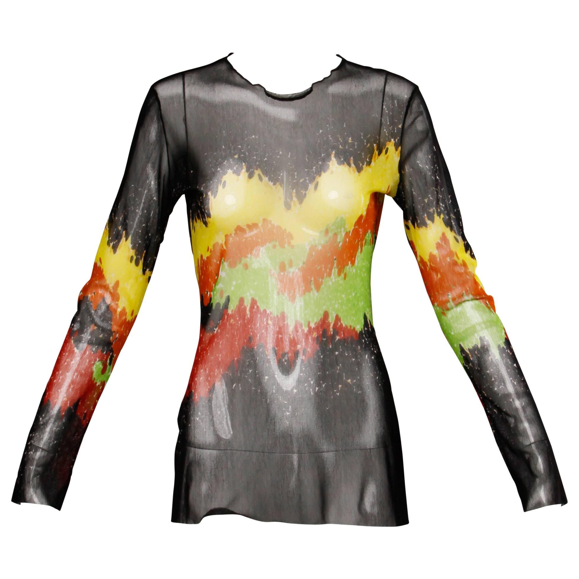 Jean Paul Gaultier Mesh Abstract Print Long Sleeve Sheer Top or Shirt