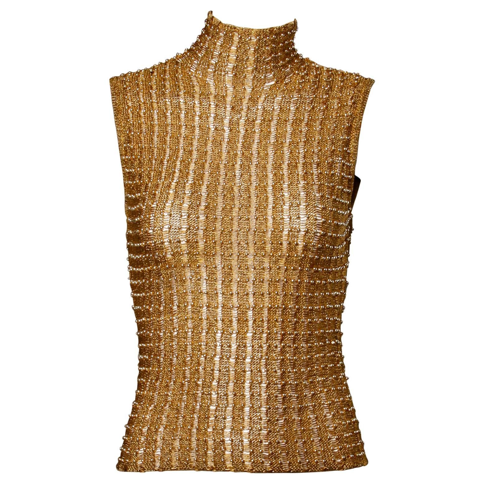 Krizia Maglia 1990s Metallic Gold Beaded Knit Turtle Neck Sweater Top