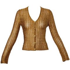 Krizia Maglia 1990s Metallic Gold Beaded Cardigan Sweater Top