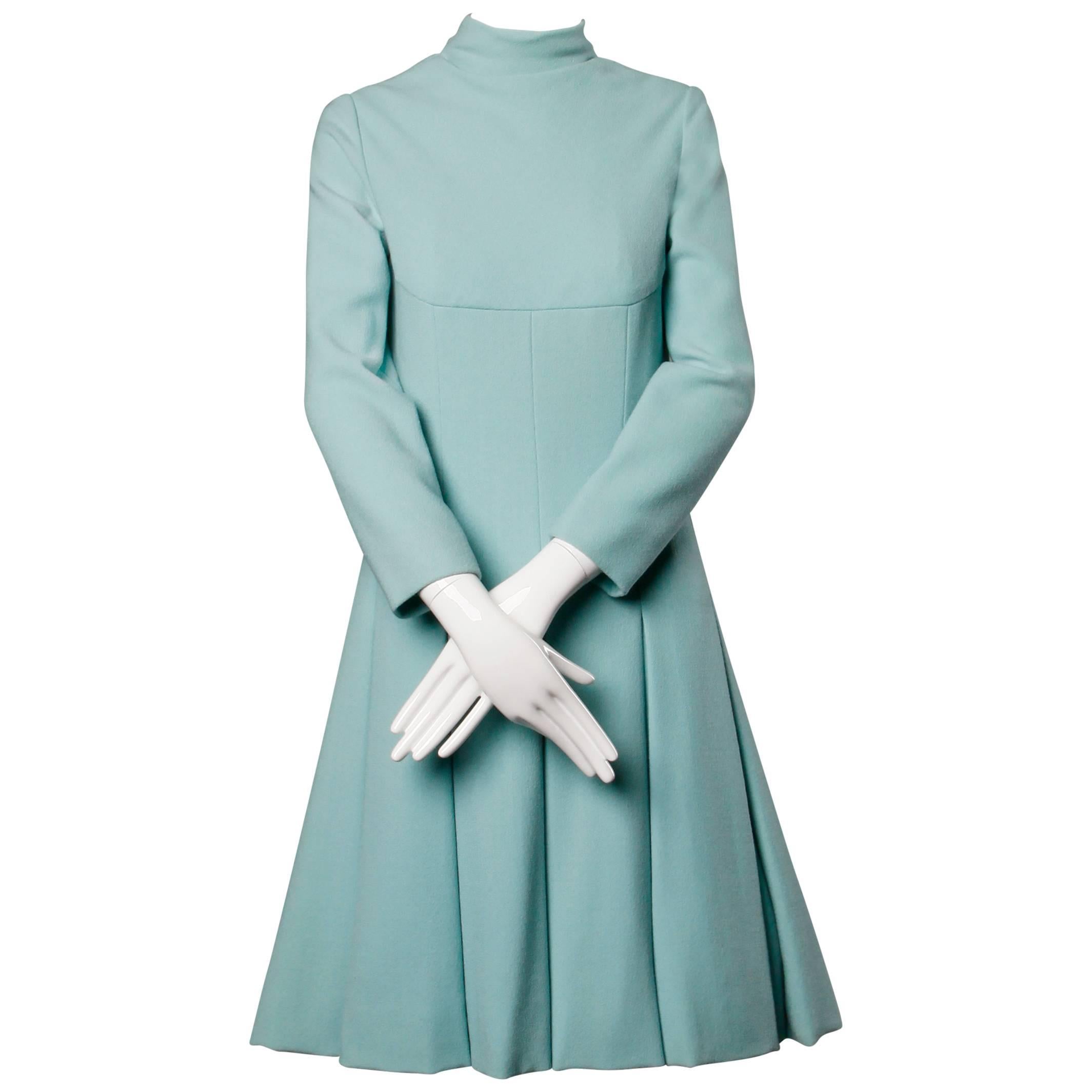 1960s Adele Simpson Vintage Robin's Egg Blue Box Pleated Mod Wool Dress