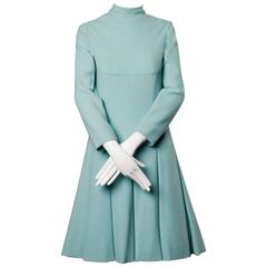 1960s Adele Simpson Vintage Robin's Egg Blue Box Pleated Mod Wool Dress